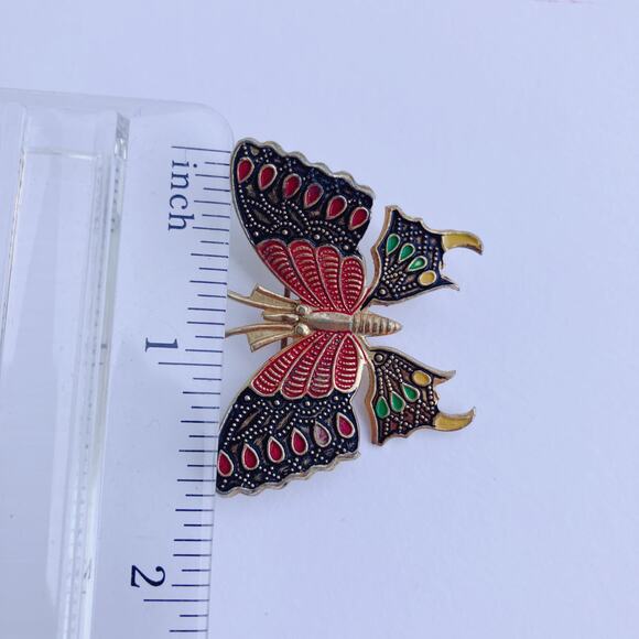 VTG 1950s Butterfly Brooch Gold Tone Black Colorful Enamel Cloisonné Style Pin - Picture 8 of 8